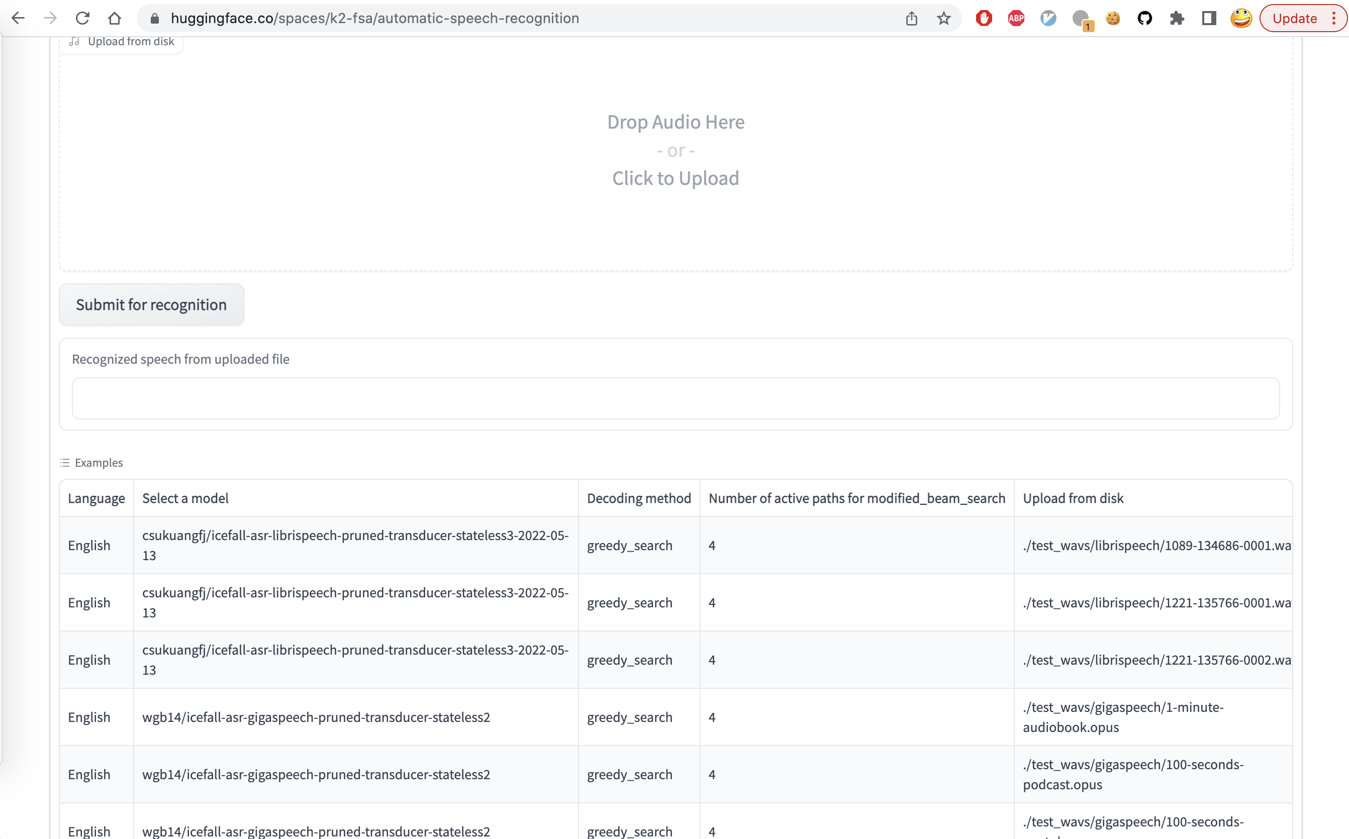 screenshot of `<https://huggingface.co/spaces/k2-fsa/automatic-speech-recognition>`_