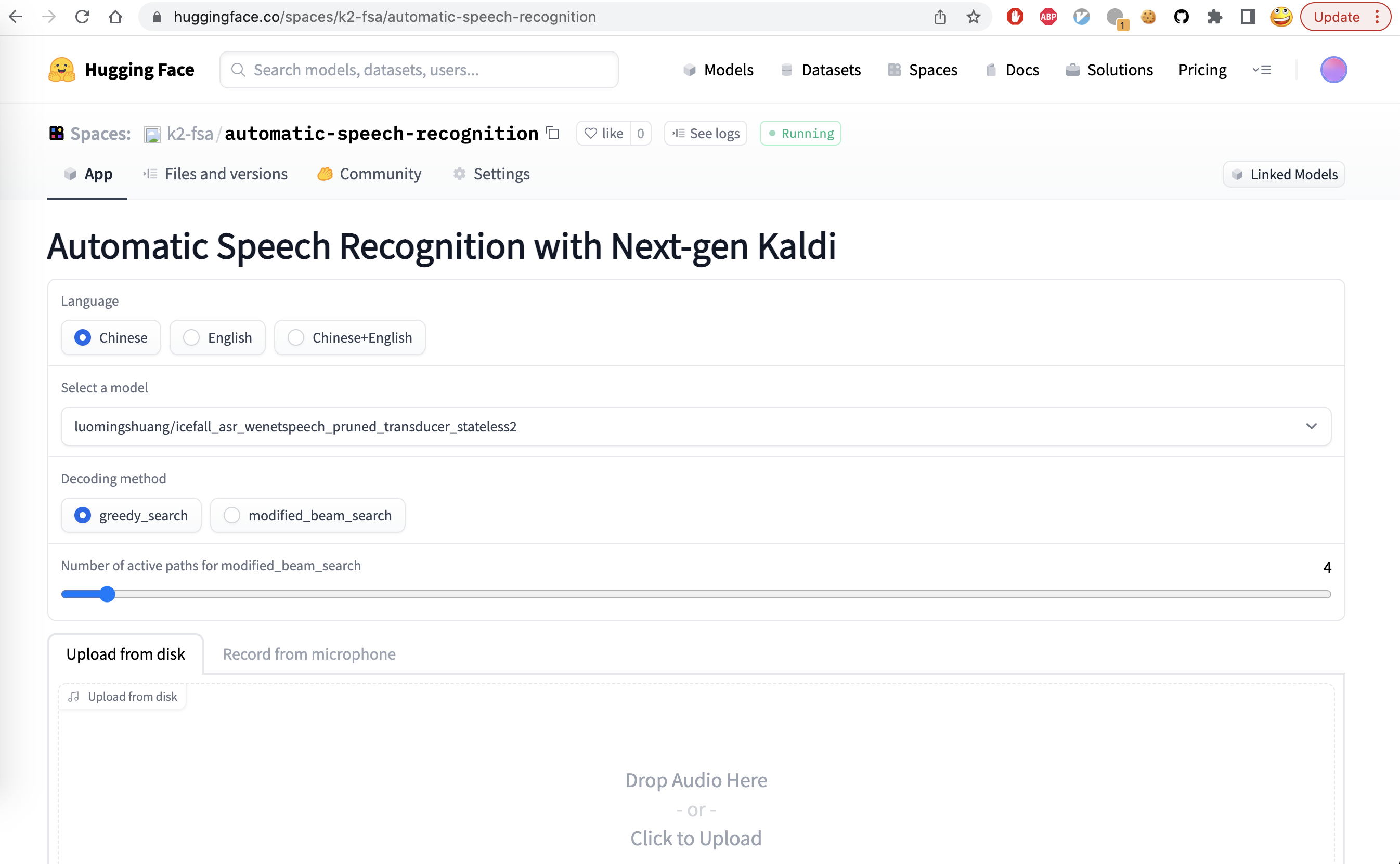 screenshot of `<https://huggingface.co/spaces/k2-fsa/automatic-speech-recognition>`_