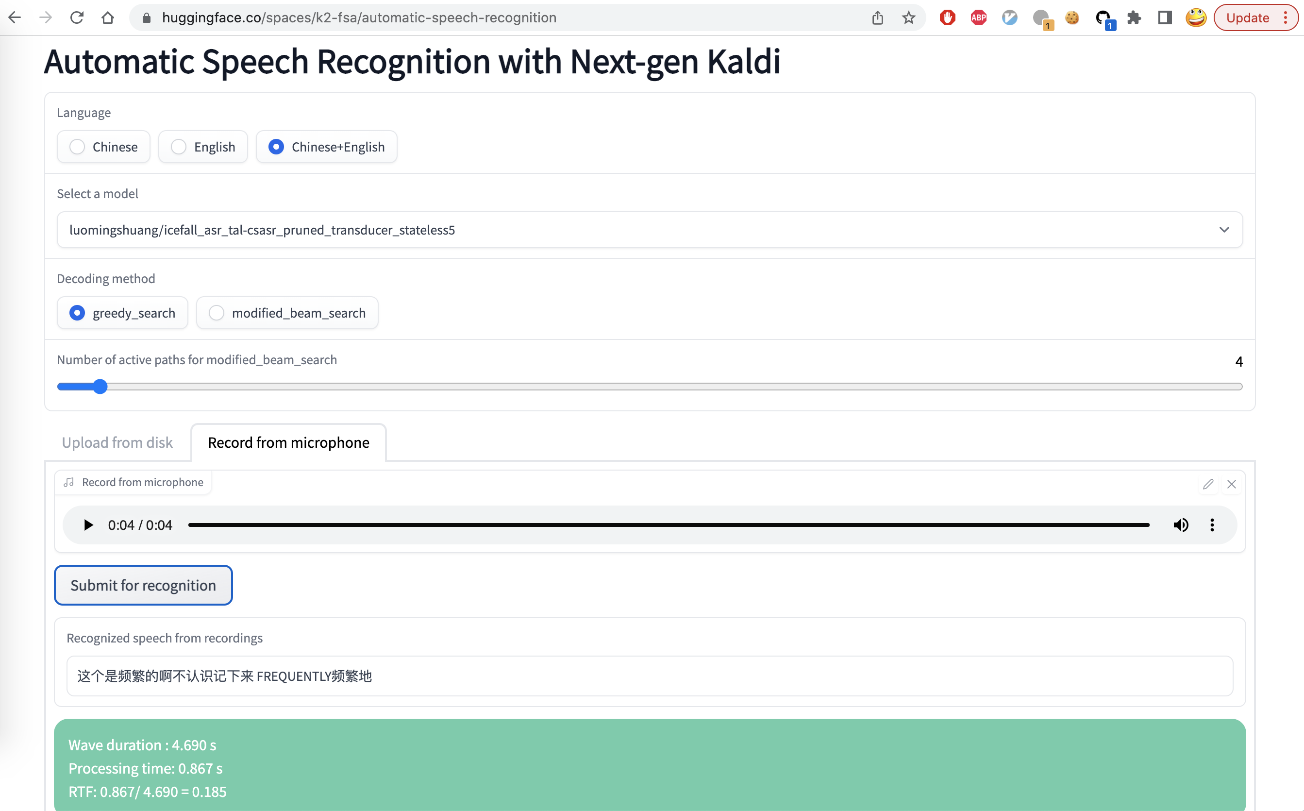 screenshot of `<https://huggingface.co/spaces/k2-fsa/automatic-speech-recognition>`_